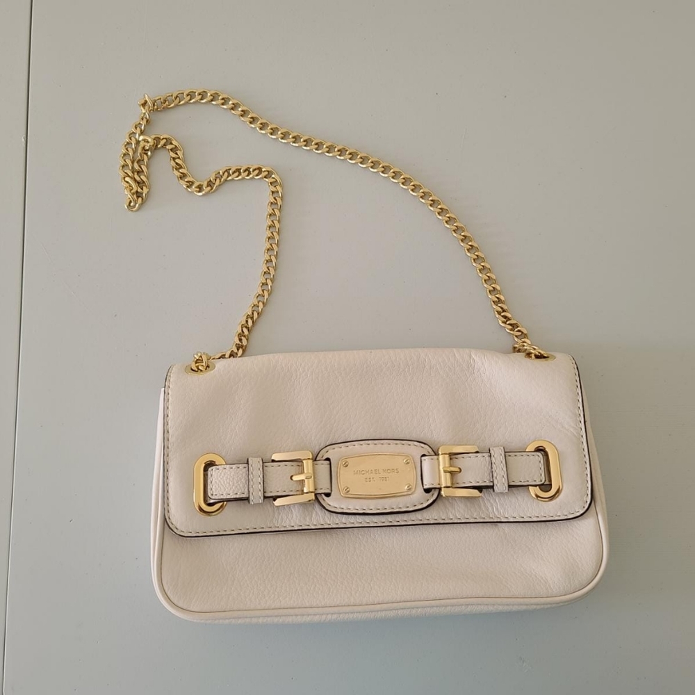 Michael Kors Hamilton Genuine Leather Shoulder Flap Bag Vanilla